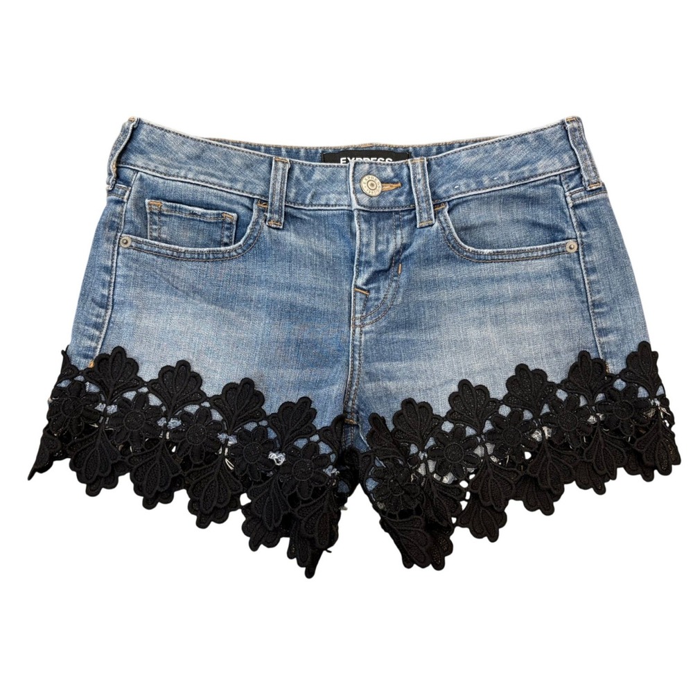Black Crochet Lace Denim Express Shorts Womens 2 Relaxed Low Rise Trim Hem